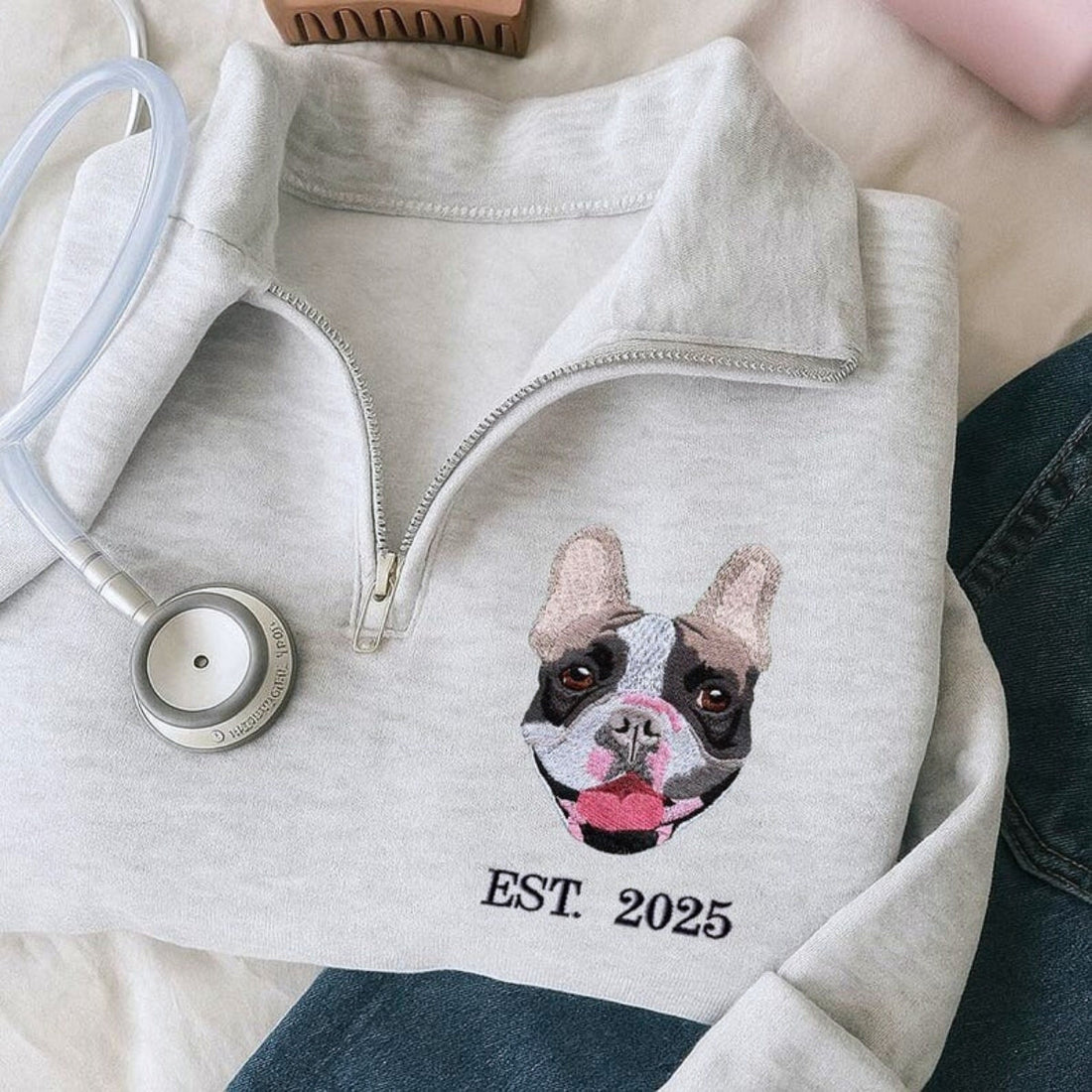 Dog Portrait Custom Embroidered Quarter Zip - Pet Adoption - Gotcha Day Personalized Memorial Gift