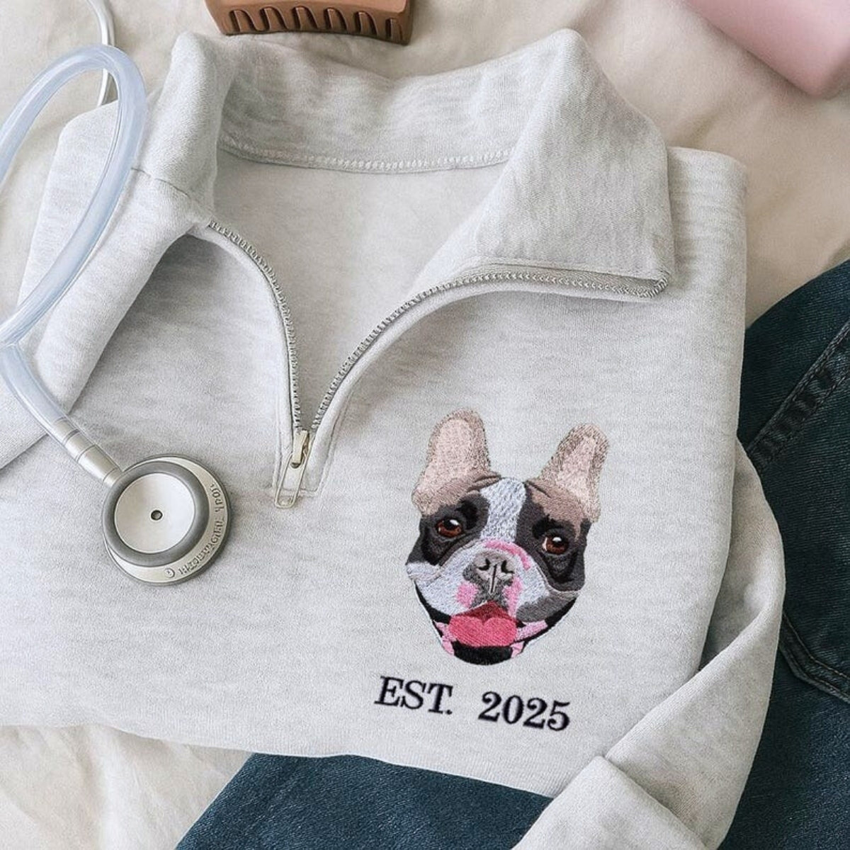 Dog Portrait Custom Embroidered Quarter Zip - Pet Adoption - Gotcha Day Personalized Memorial Gift