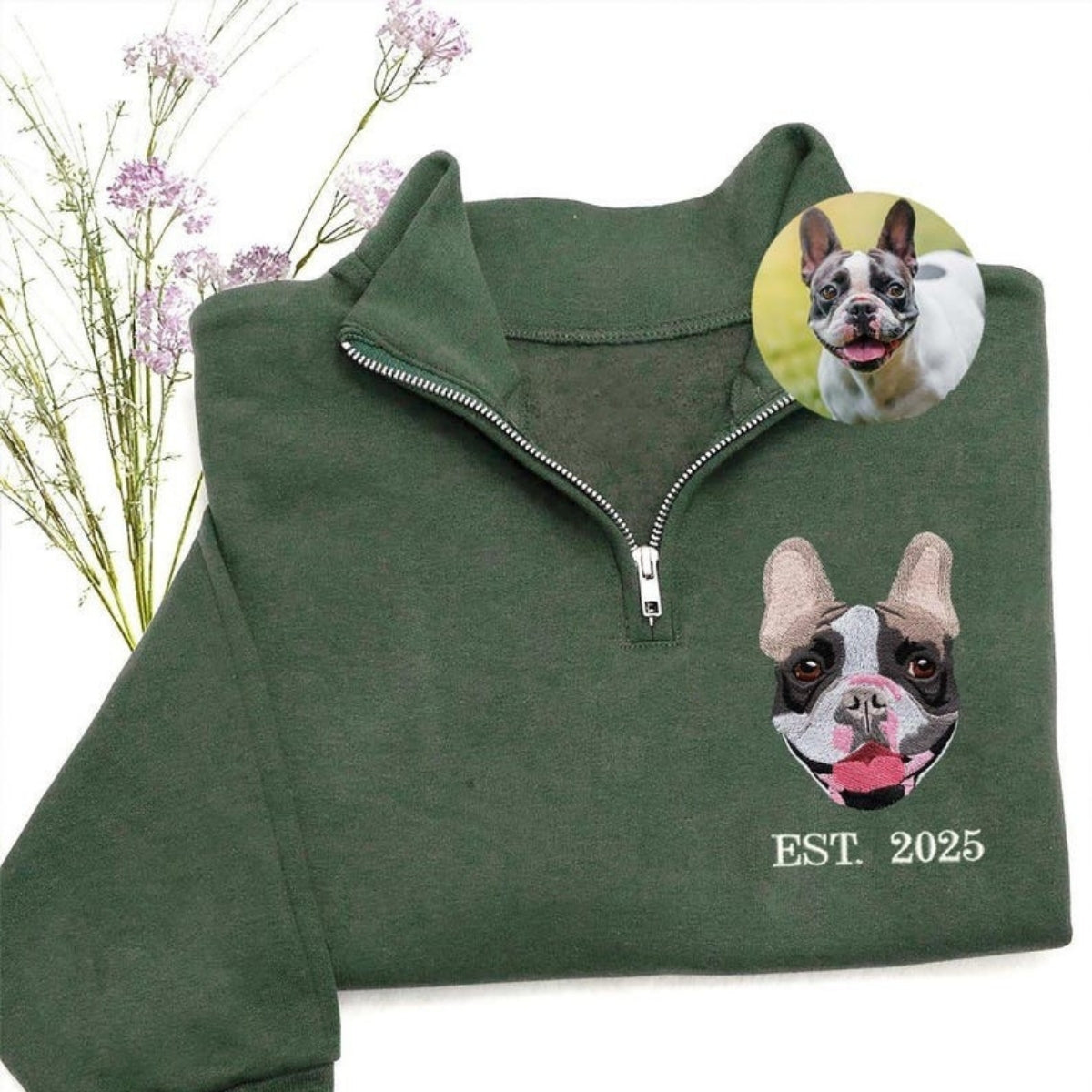Dog Portrait Custom Embroidered Quarter Zip - Pet Adoption - Gotcha Day Personalized Memorial Gift