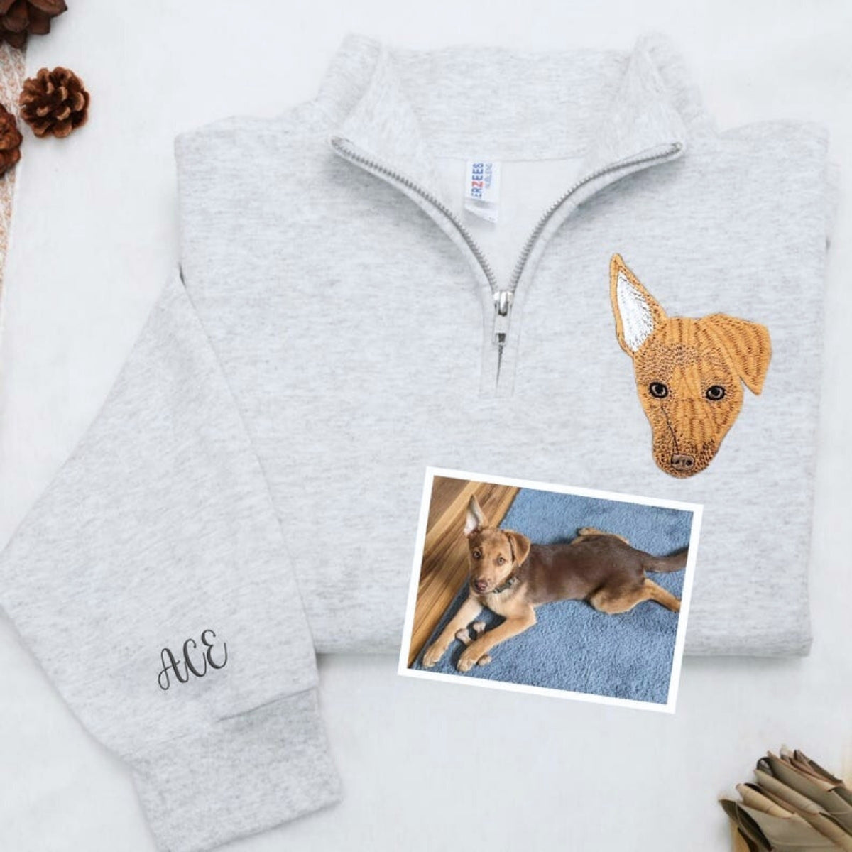 Dog Portrait Custom Embroidered Quarter Zip - Personalized Pet Face Pullover - Dog Lover Gift