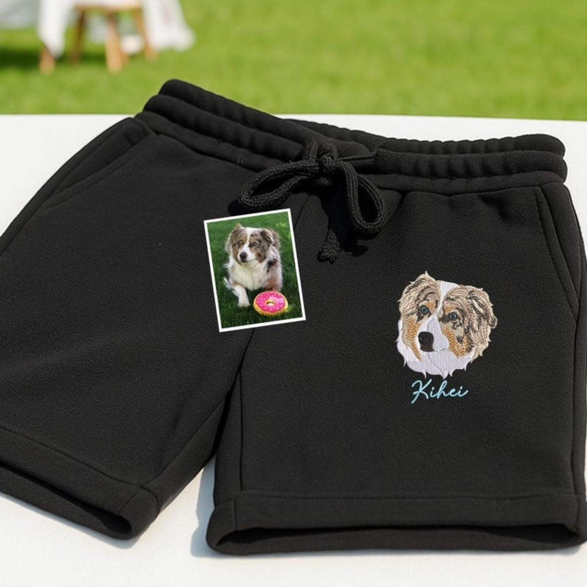 Custom Dog Portrait Embroidered Shorts - Personalized Pet Face Gift for Dad