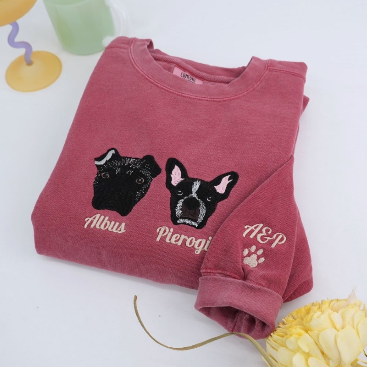 Custom Dog Portrait Embroidered Sweatshirt - Personalized Multi-Pet Names - Dog Mom Gift