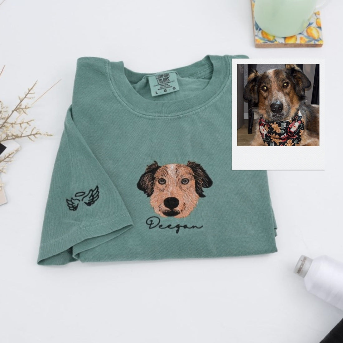Custom Dog Portrait Embroidered T-Shirt - Personalized Pet Face with Name - Dog Memorial Gift