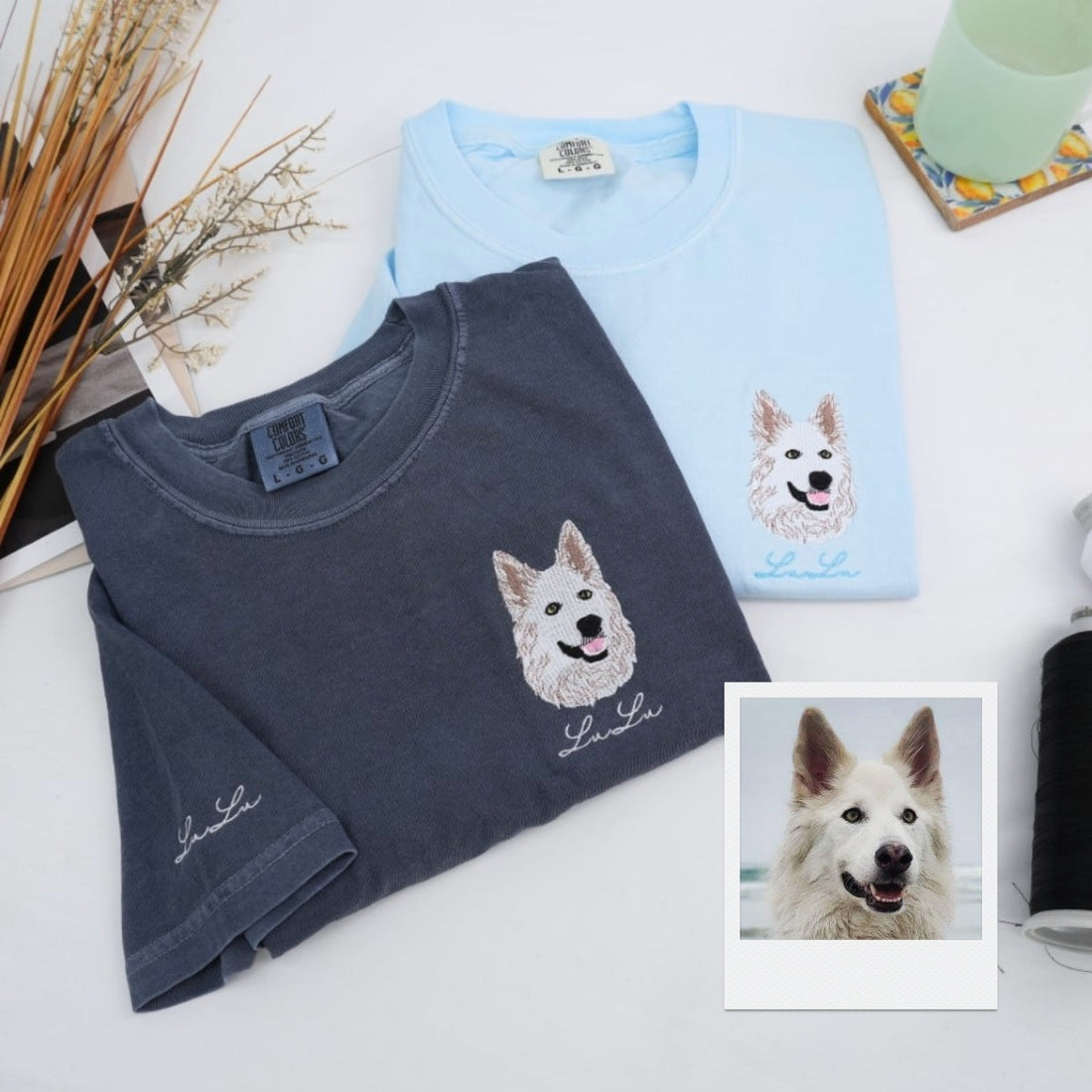 Custom Dog Portrait Embroidered T-Shirt - Pet Face with Name on Sleeve - Personalized Dog Lover Gift