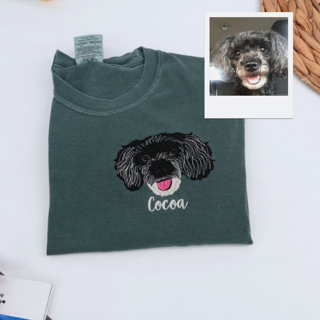 Custom Dog Portrait Embroidered T-Shirt - Photo to Pet Face with Name - Personalized Dog Lover Gift