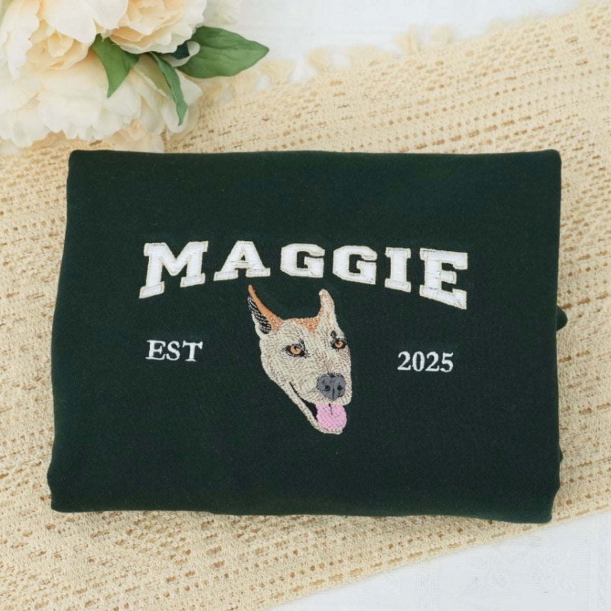 Custom Dog Portrait Embroidered Varsity Hoodie - Personalized Dog Name Sweatshirt - Dog Mom Gift