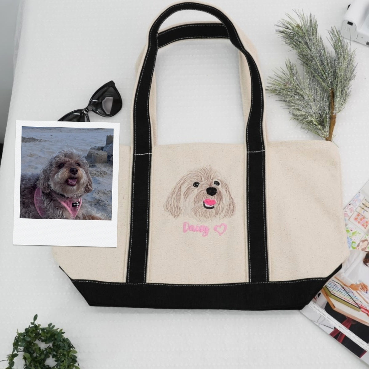 Custom Dog Doodle Portrait Embroidered Tote Bag - Personalized Pet Face Canvas Bag - Pet Memorial Gi
