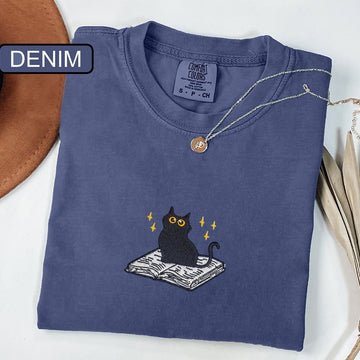 Black Cat Book Custom Embroidered T-Shirt - Cute Reading Personalized Gift Tee