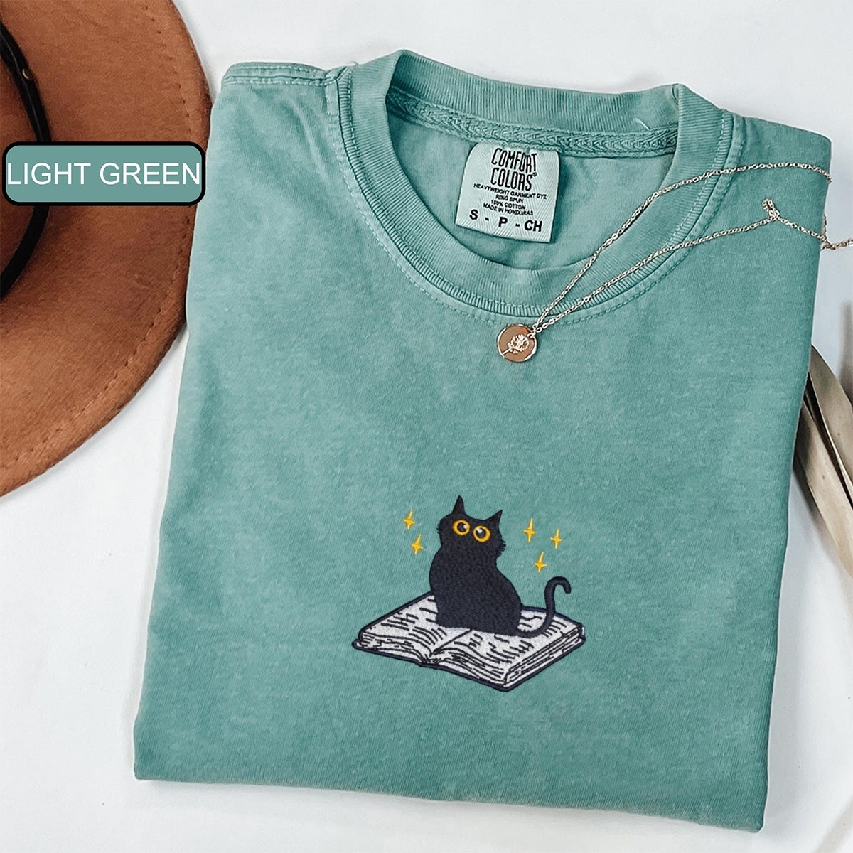 Black Cat Book Custom Embroidered T-Shirt - Cute Reading Personalized Gift Tee