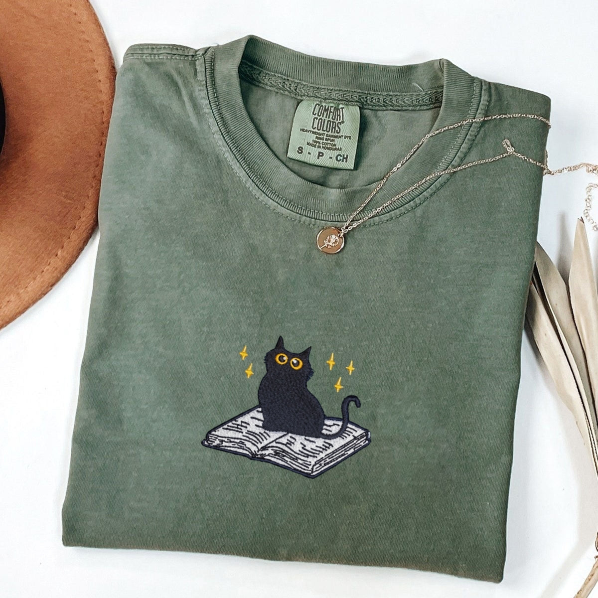 Black Cat Book Custom Embroidered T-Shirt - Cute Reading Personalized Gift Tee