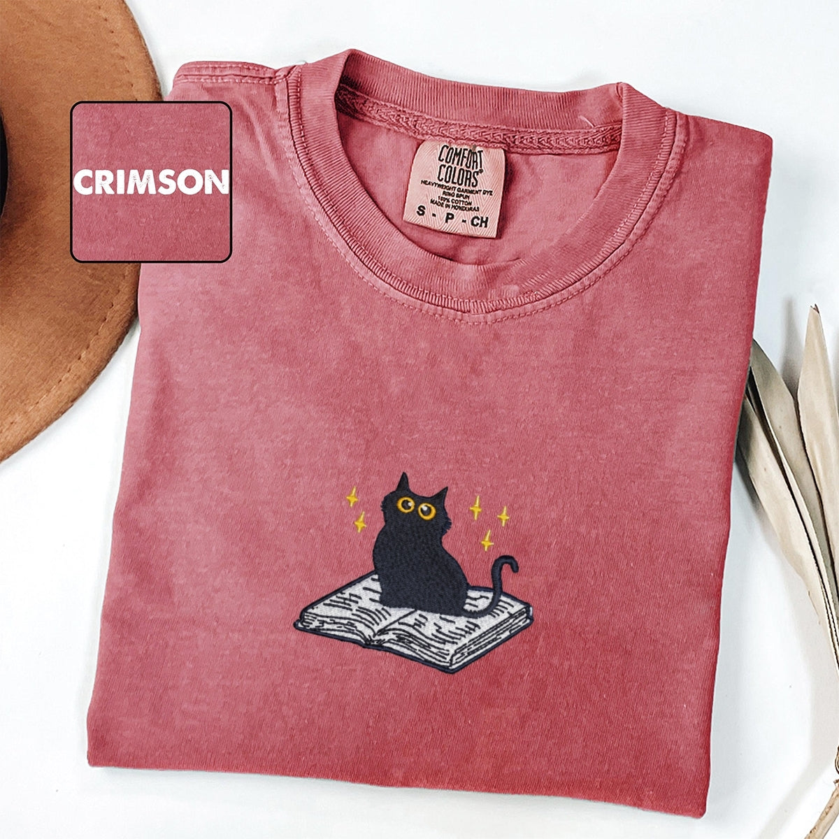 Black Cat Book Custom Embroidered T-Shirt - Cute Reading Personalized Gift Tee