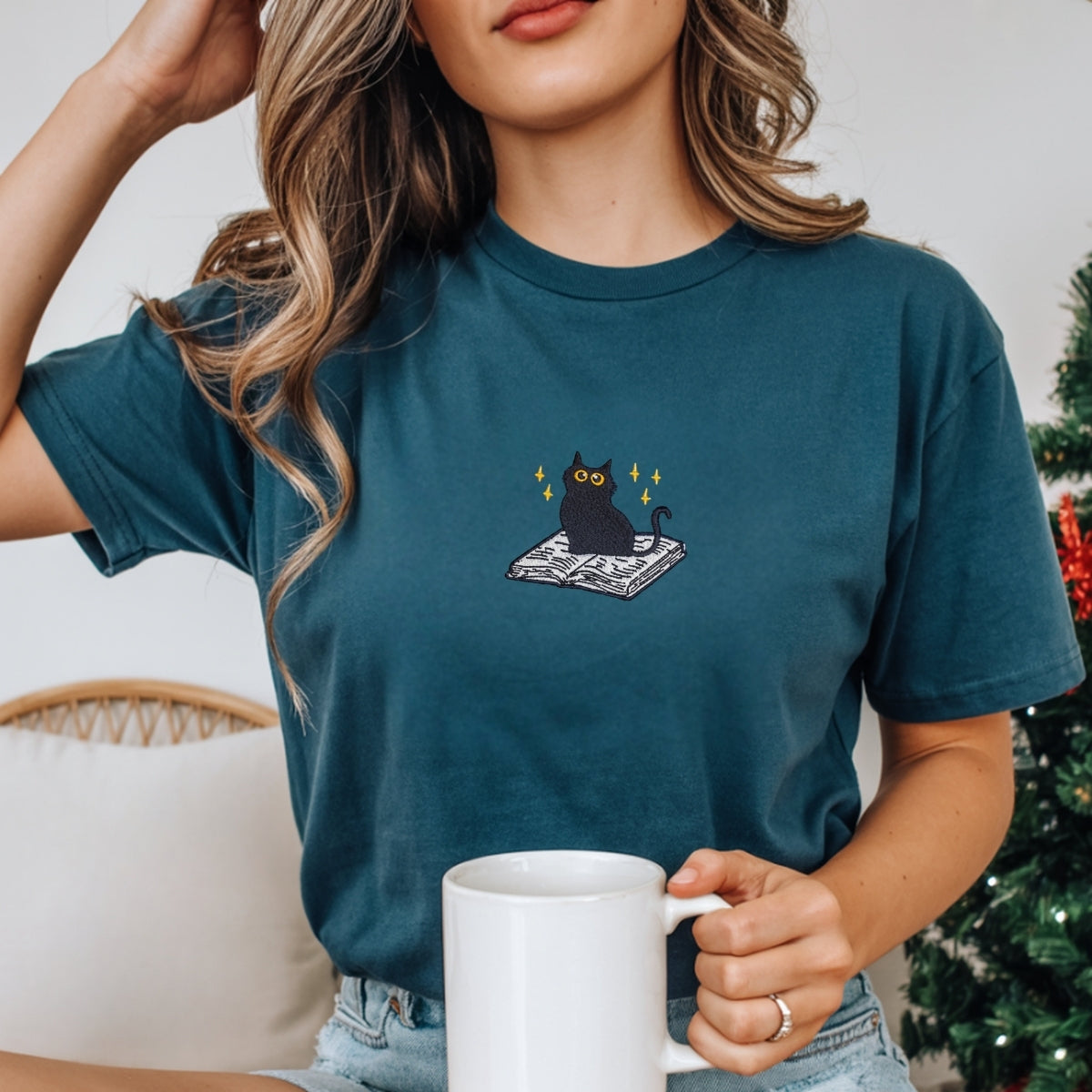 Black Cat Book Custom Embroidered T-Shirt - Cute Reading Personalized Gift Tee