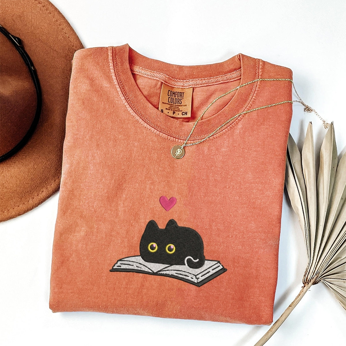 Black Cat and Book Custom Embroidered T-Shirt - Cozy Reader Personalized Gift