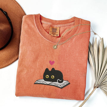 Black Cat and Book Custom Embroidered T-Shirt - Cozy Reader Personalized Gift