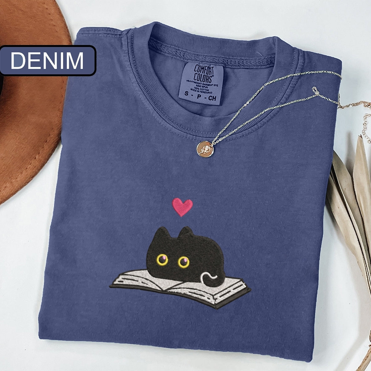 Black Cat and Book Custom Embroidered T-Shirt - Cozy Reader Personalized Gift