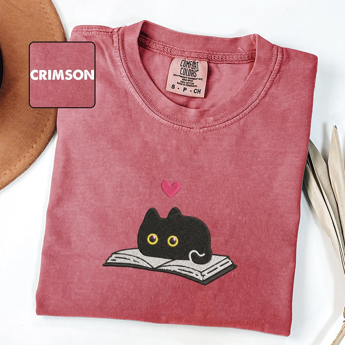 Black Cat and Book Custom Embroidered T-Shirt - Cozy Reader Personalized Gift