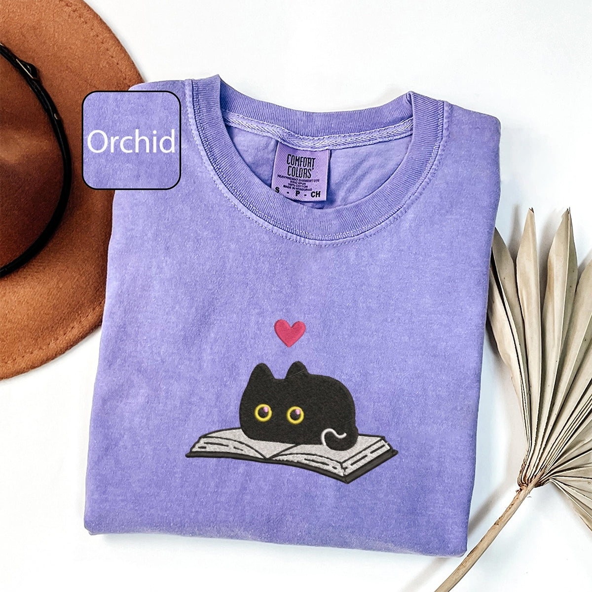 Black Cat and Book Custom Embroidered T-Shirt - Cozy Reader Personalized Gift