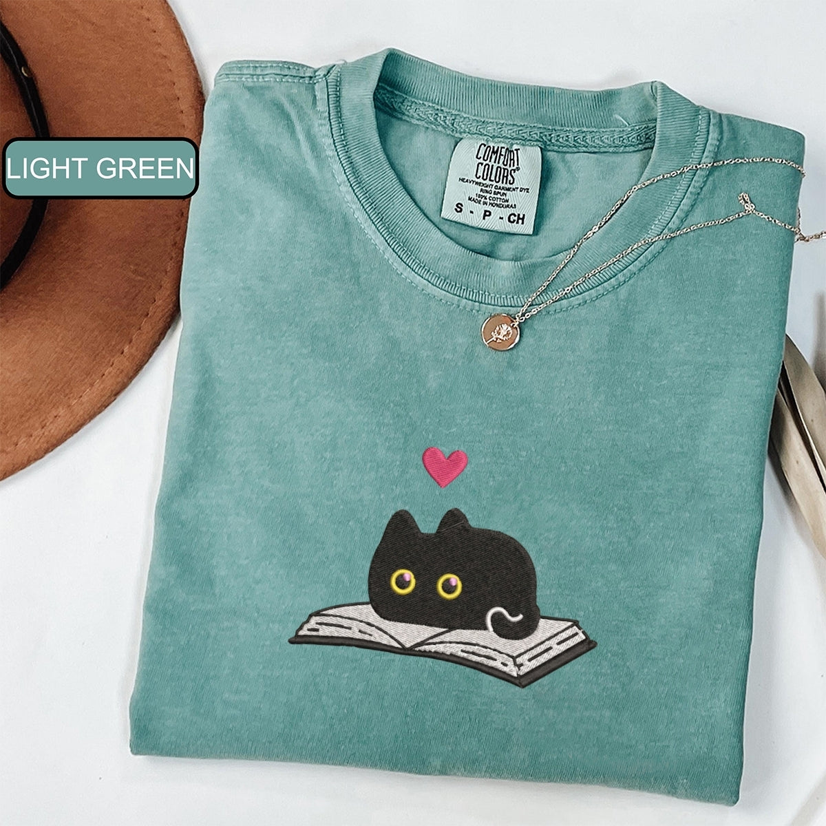 Black Cat and Book Custom Embroidered T-Shirt - Cozy Reader Personalized Gift