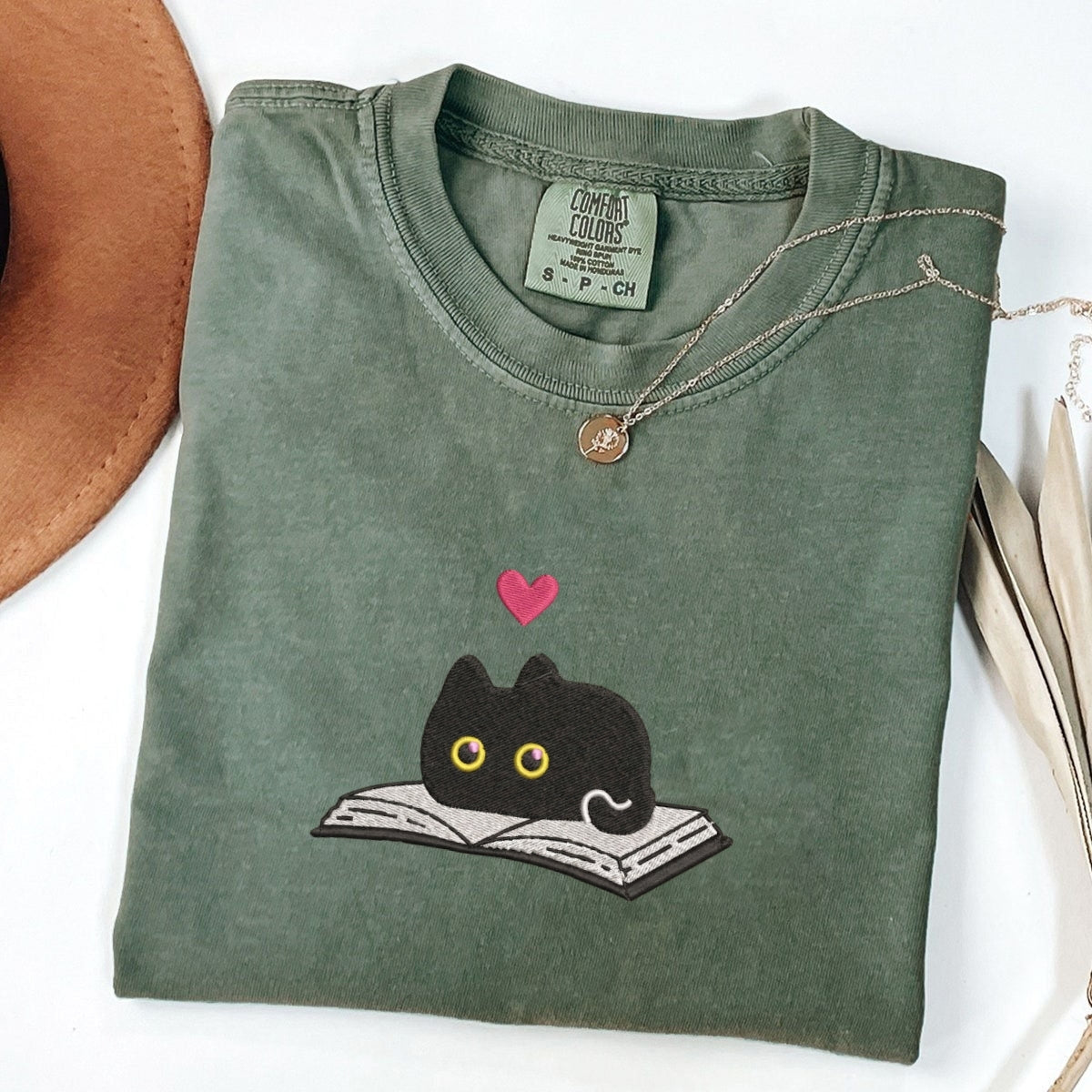 Black Cat and Book Custom Embroidered T-Shirt - Cozy Reader Personalized Gift