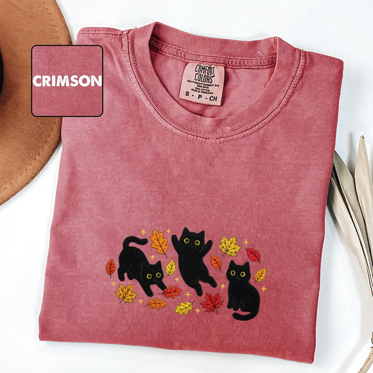 Black Cats & Fall Leaves Custom Embroidered T-Shirt - Cozy Cat Lover Gift