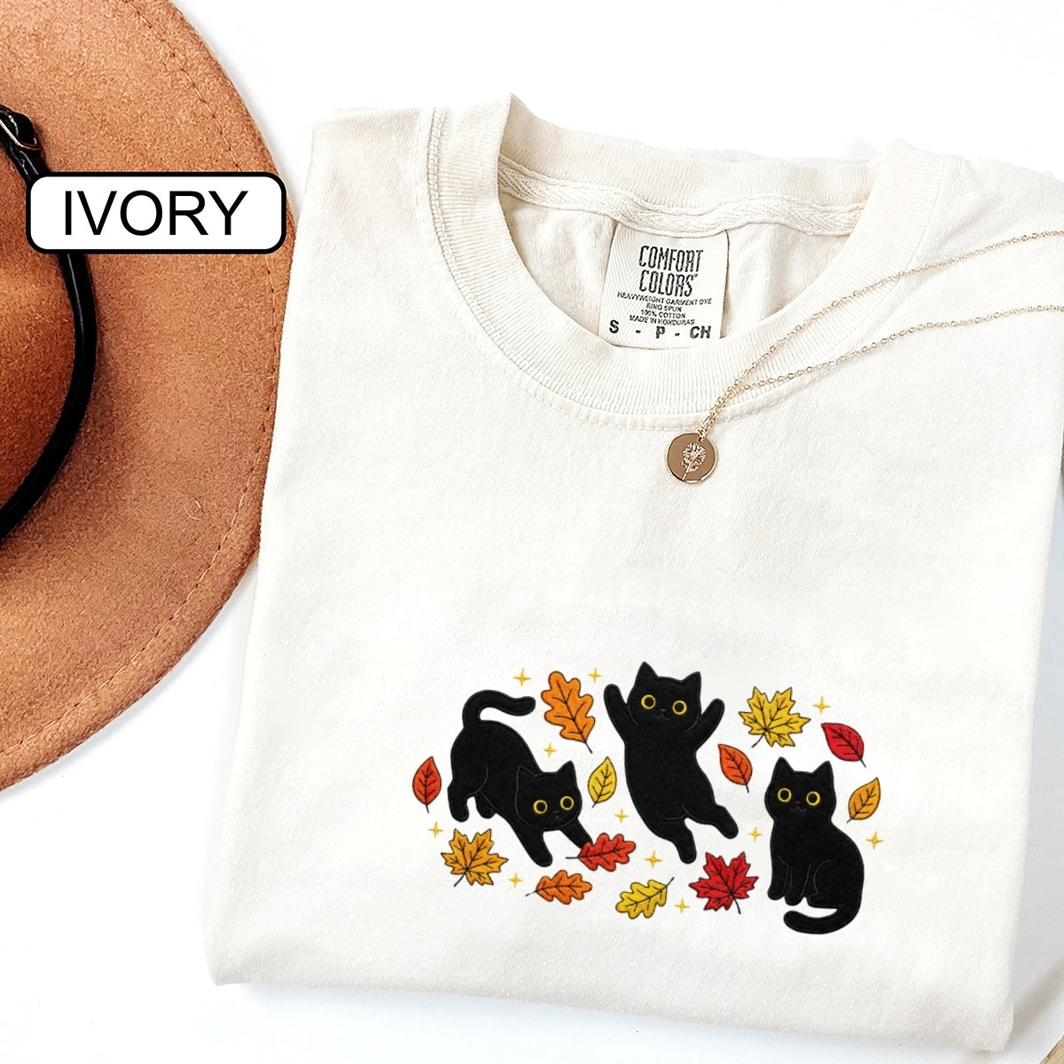 Black Cats & Fall Leaves Custom Embroidered T-Shirt - Cozy Cat Lover Gift
