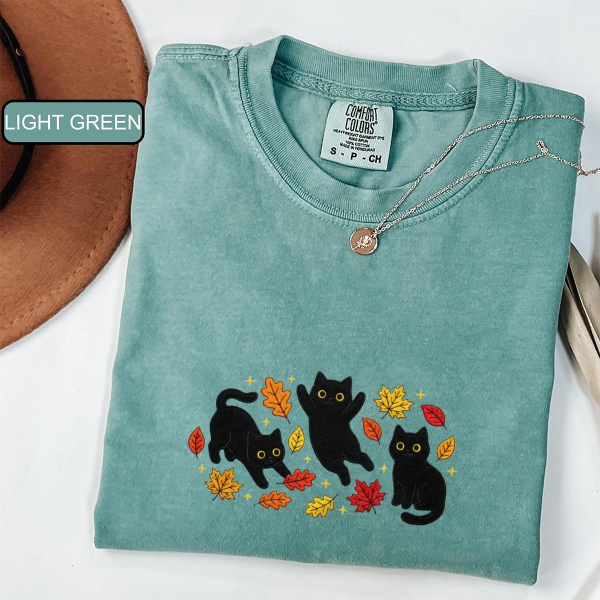 Black Cats & Fall Leaves Custom Embroidered T-Shirt - Cozy Cat Lover Gift