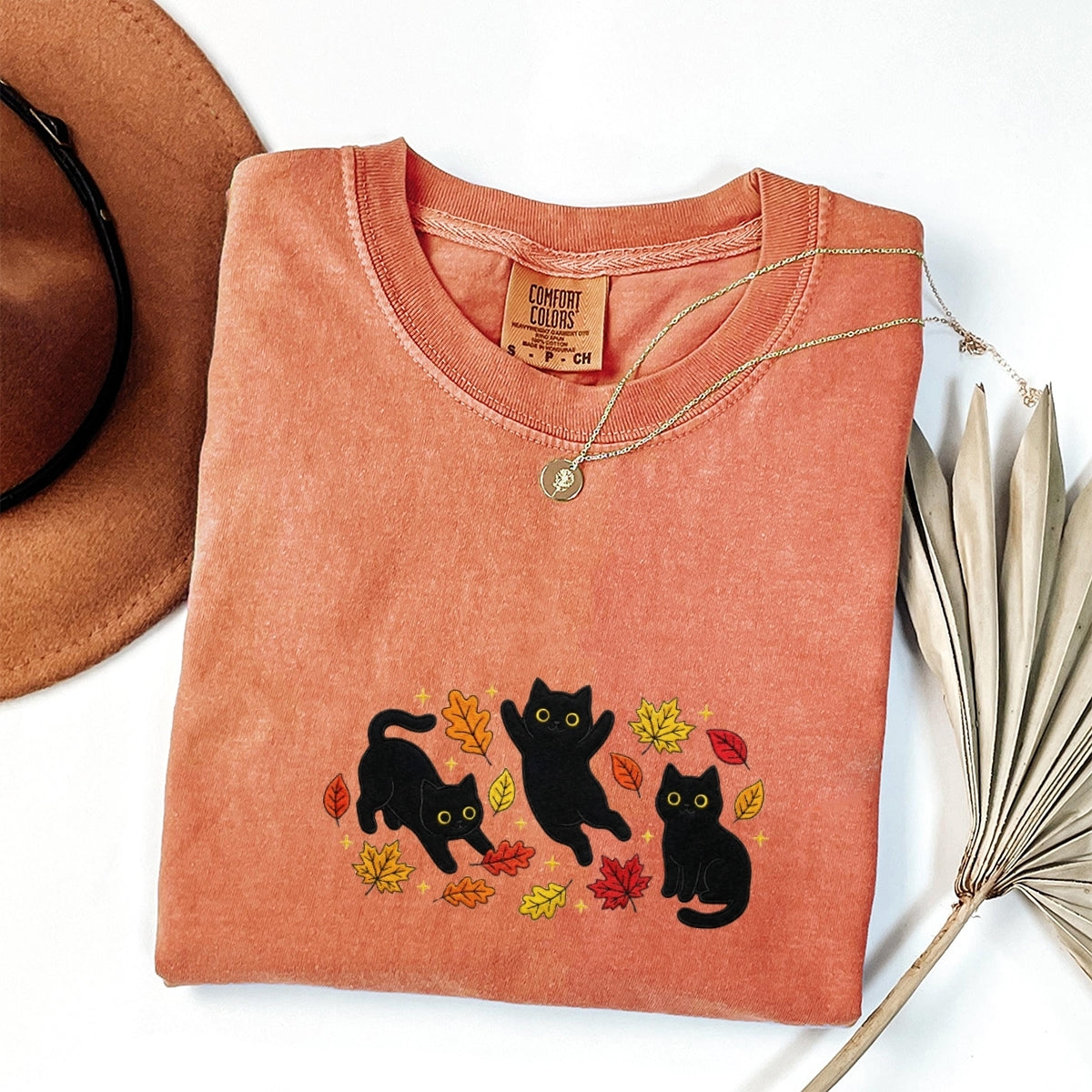 Black Cats & Fall Leaves Custom Embroidered T-Shirt - Cozy Cat Lover Gift