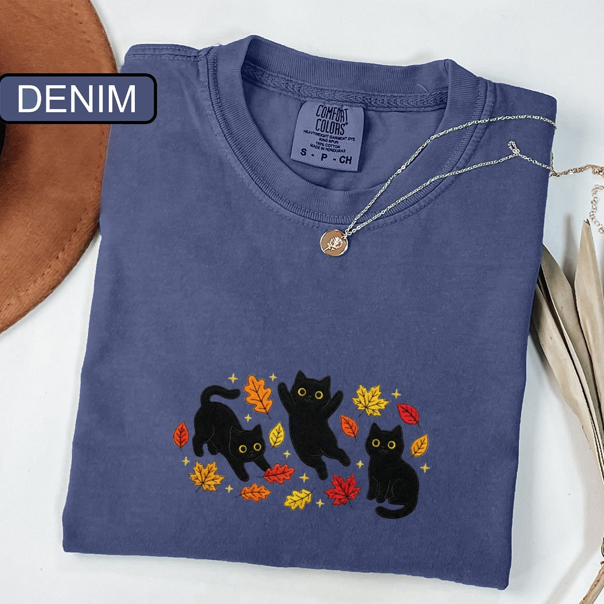 Black Cats & Fall Leaves Custom Embroidered T-Shirt - Cozy Cat Lover Gift