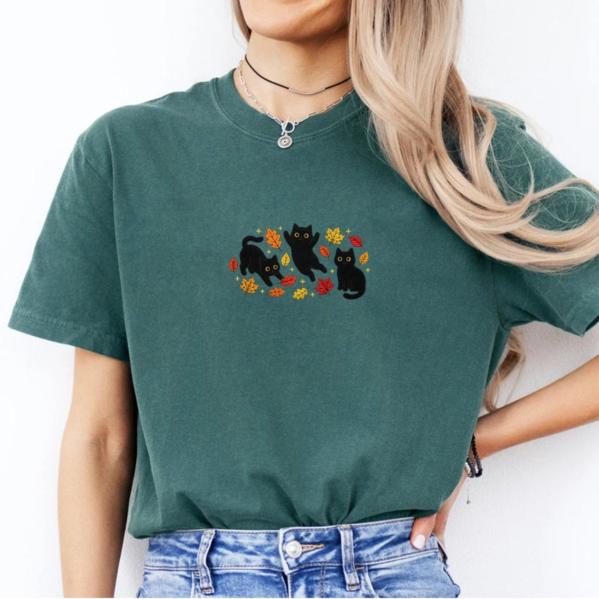 Black Cats & Fall Leaves Custom Embroidered T-Shirt - Cozy Cat Lover Gift