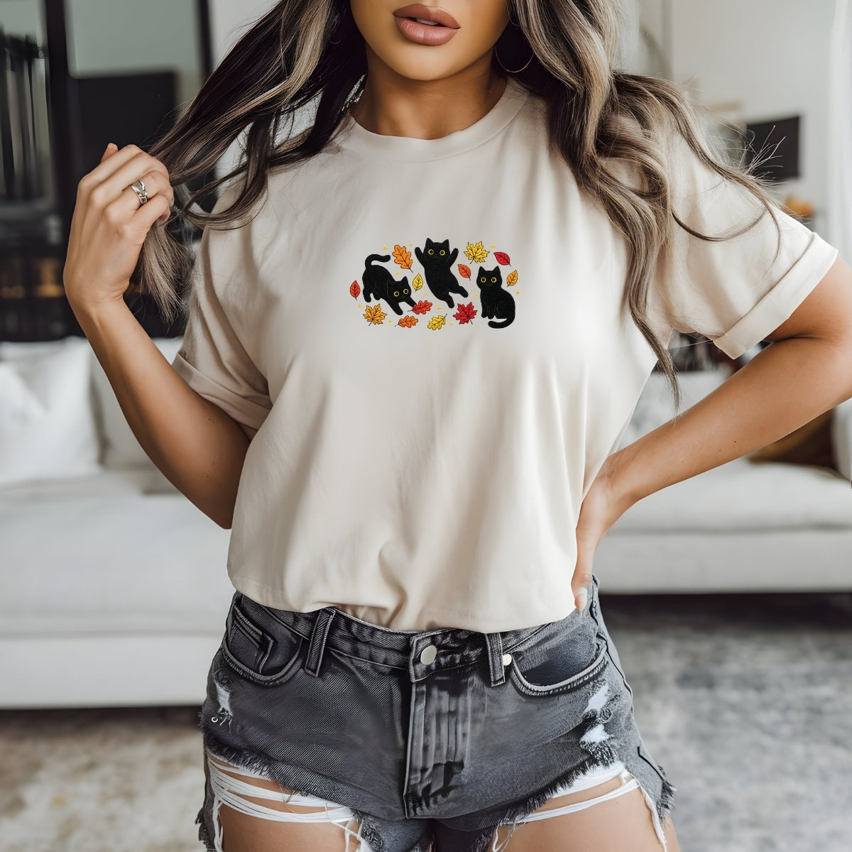 Black Cats & Fall Leaves Custom Embroidered T-Shirt - Cozy Cat Lover Gift