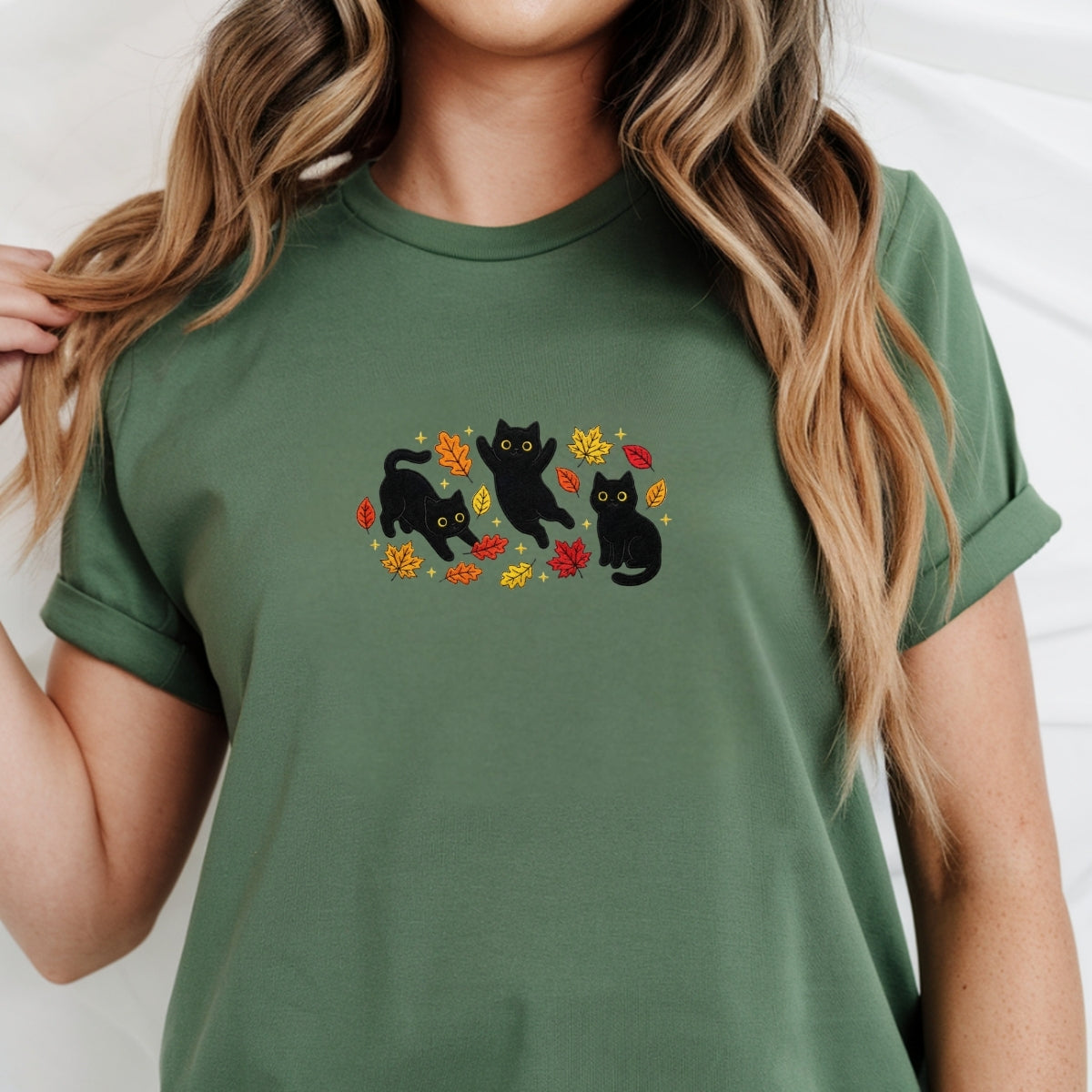 Black Cats & Fall Leaves Custom Embroidered T-Shirt - Cozy Cat Lover Gift