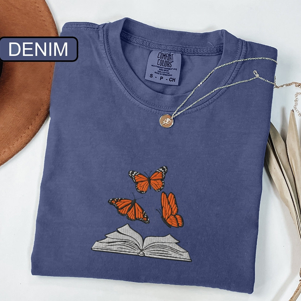 Butterflies and Books Custom Embroidered T-Shirt - Cute Retro Reading Gift