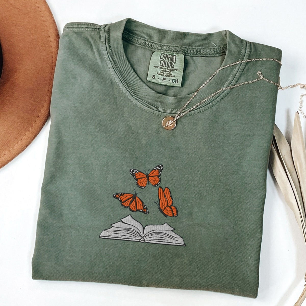 Butterflies and Books Custom Embroidered T-Shirt - Cute Retro Reading Gift