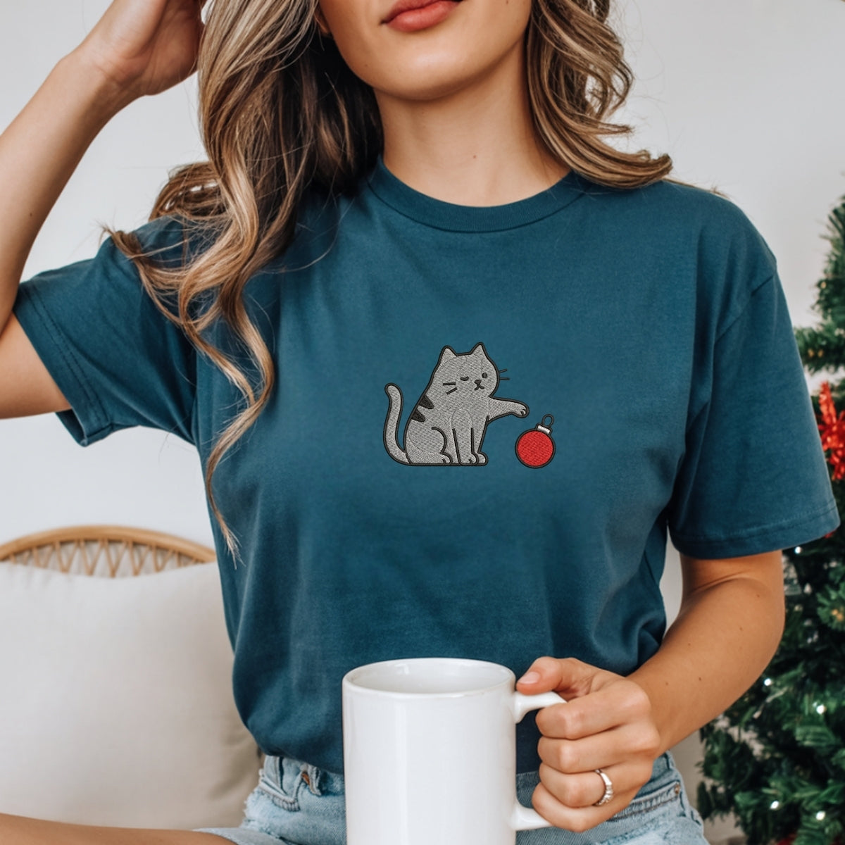 Chaotic Christmas Cat Custom Embroidered T-Shirt - Funny Holiday Gift Tee