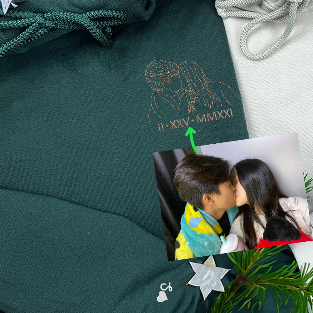 Custom Embroidered Couple Portrait Sweatshirt - Personalized Valentine'sAnniversary Gift