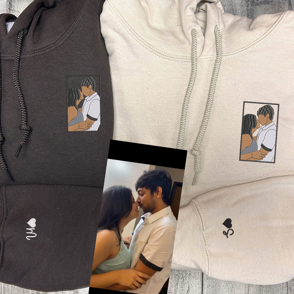 Full-Color Couple Portrait Custom Embroidered Hoodie - Personalized Photo Sweatshirt for Couples