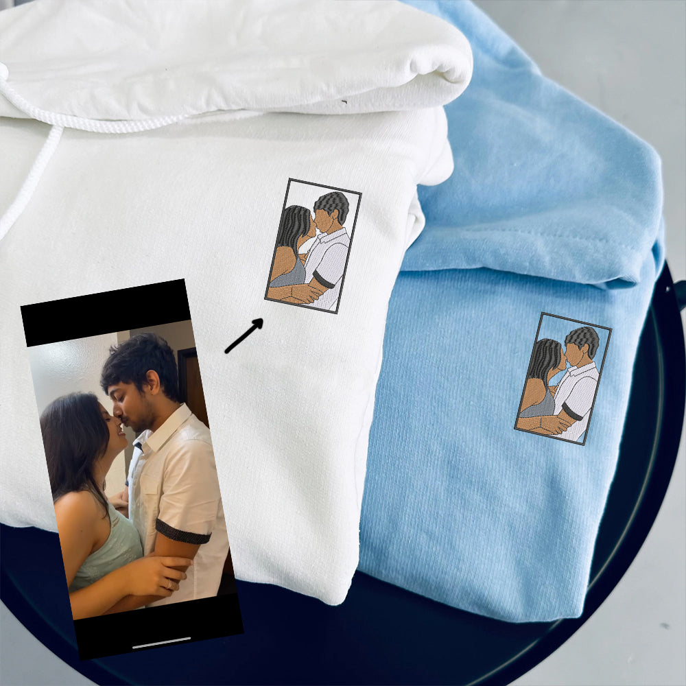 Full-Color Couple Portrait Custom Embroidered Hoodie - Personalized Photo Sweatshirt for Couples