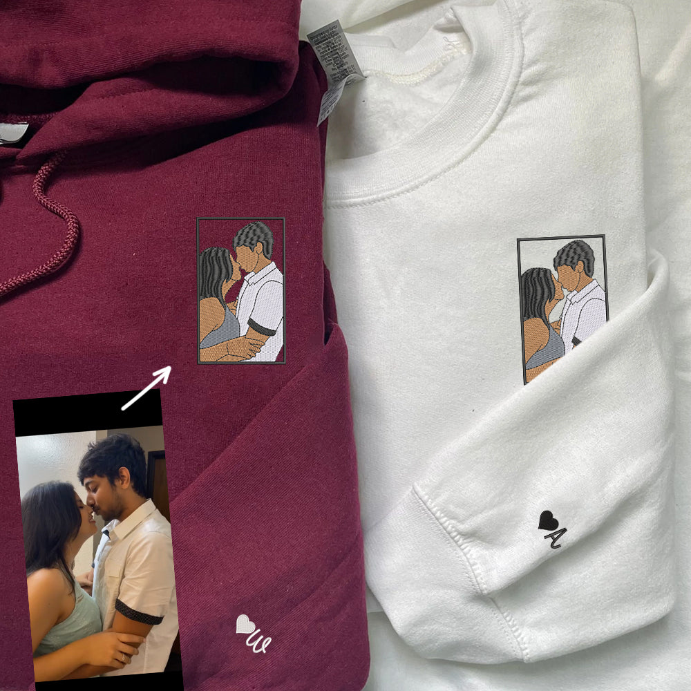 Full-Color Couple Portrait Custom Embroidered Hoodie - Personalized Photo Sweatshirt for Couples
