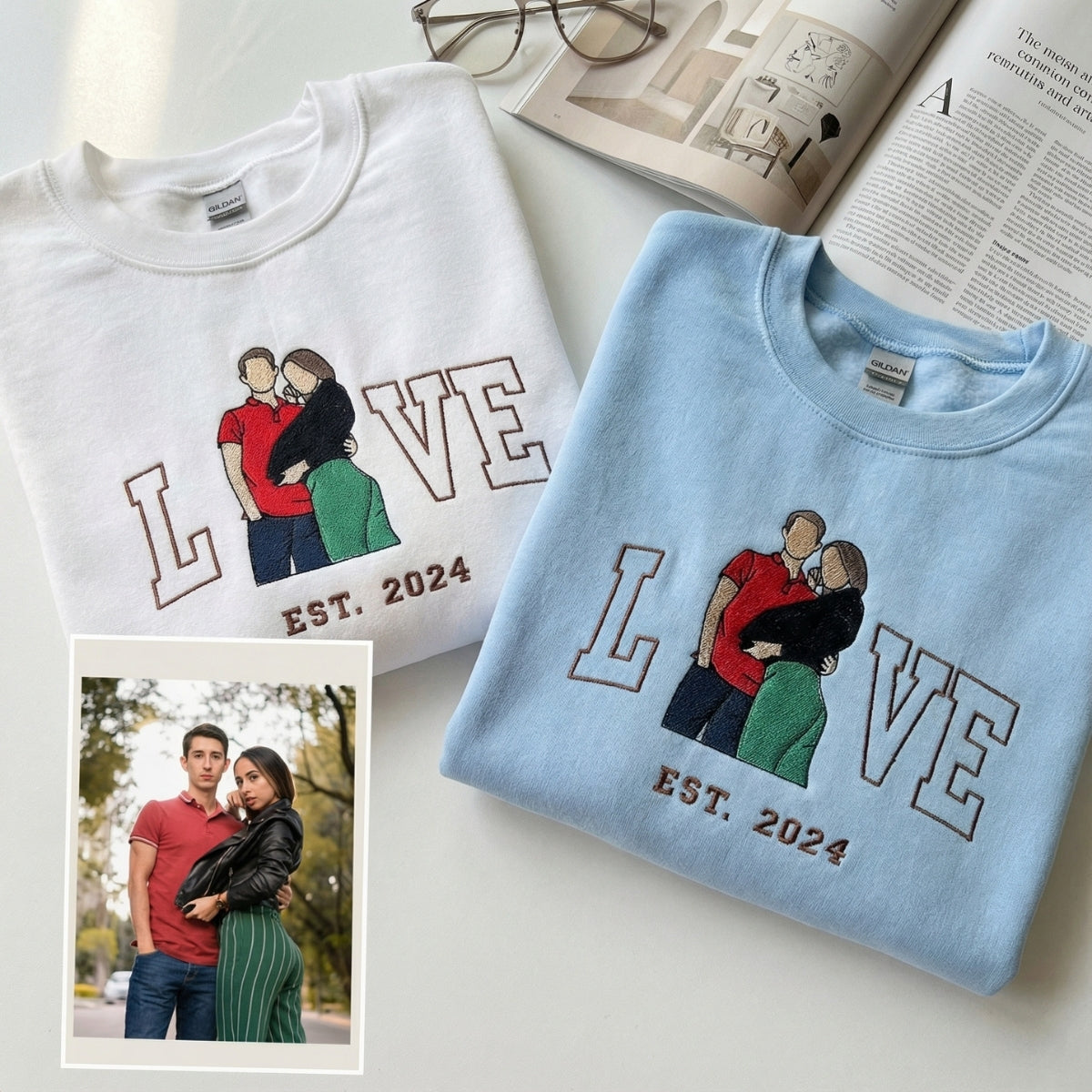 Couple Portrait Custom Embroidered Sweatshirt - Personalized Valentine's Day Gift for Couples