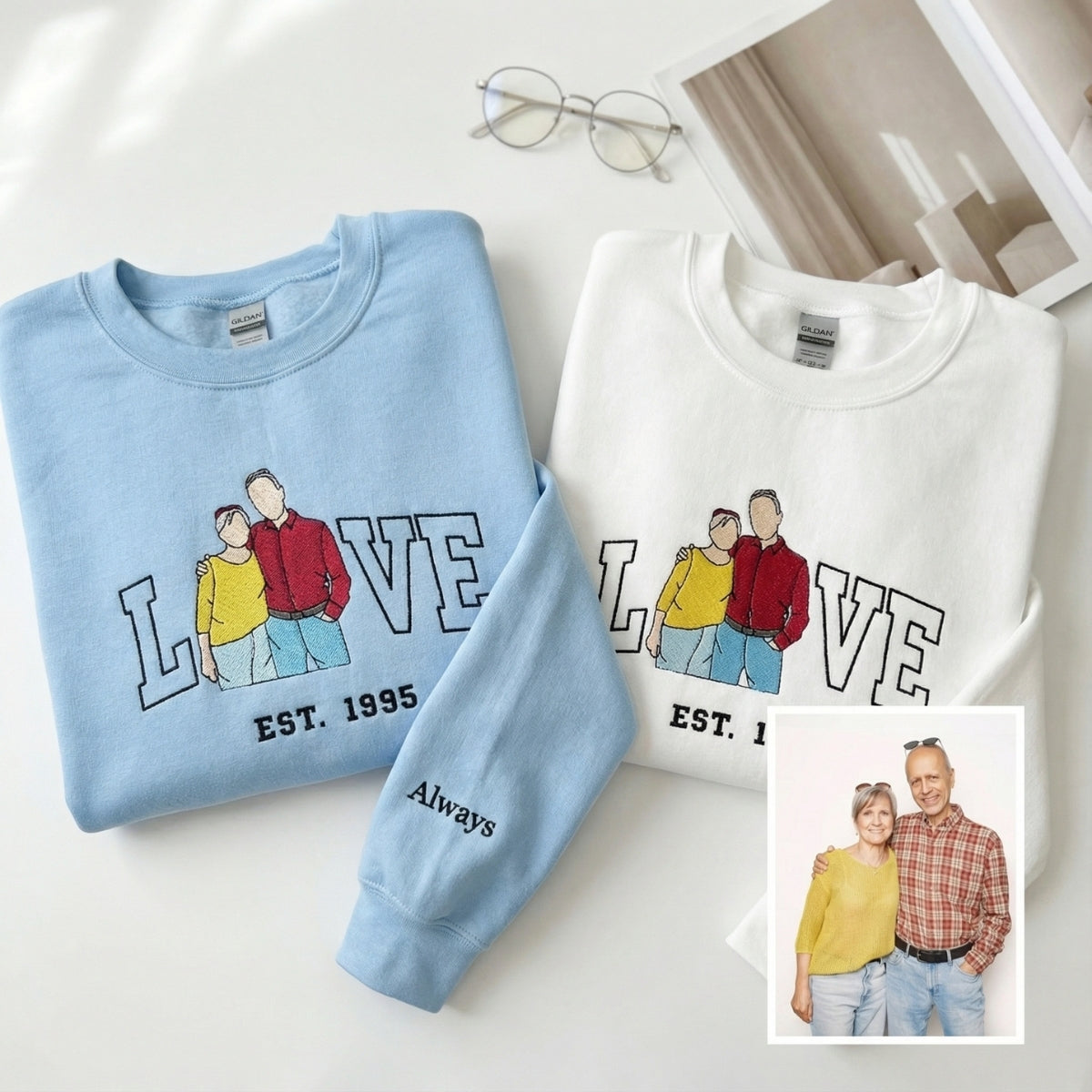 Couple Portrait Custom Embroidered Sweatshirt - Personalized Valentine's Day Gift for Couples