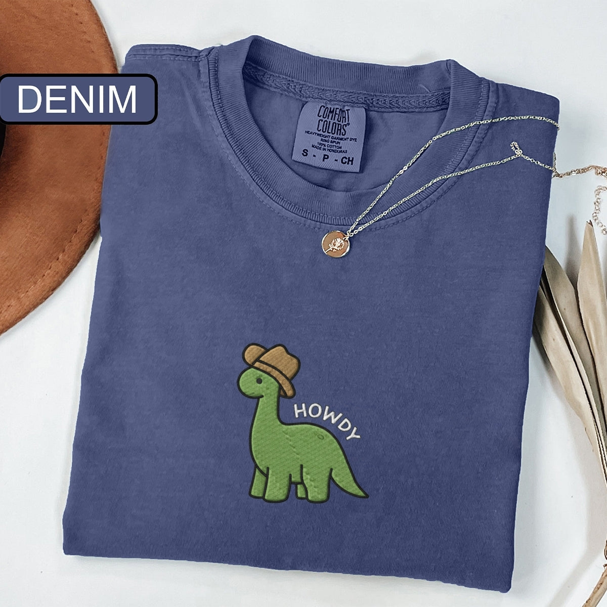 Howdy Dinosaur Custom Embroidered T-Shirt - Cute Western Dino Tee, Personalized Gift