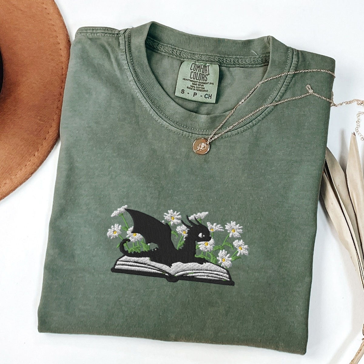 Dragon & Daisies Custom Embroidered T-Shirt - Cozy Fantasy Tee, Personalized Apparel