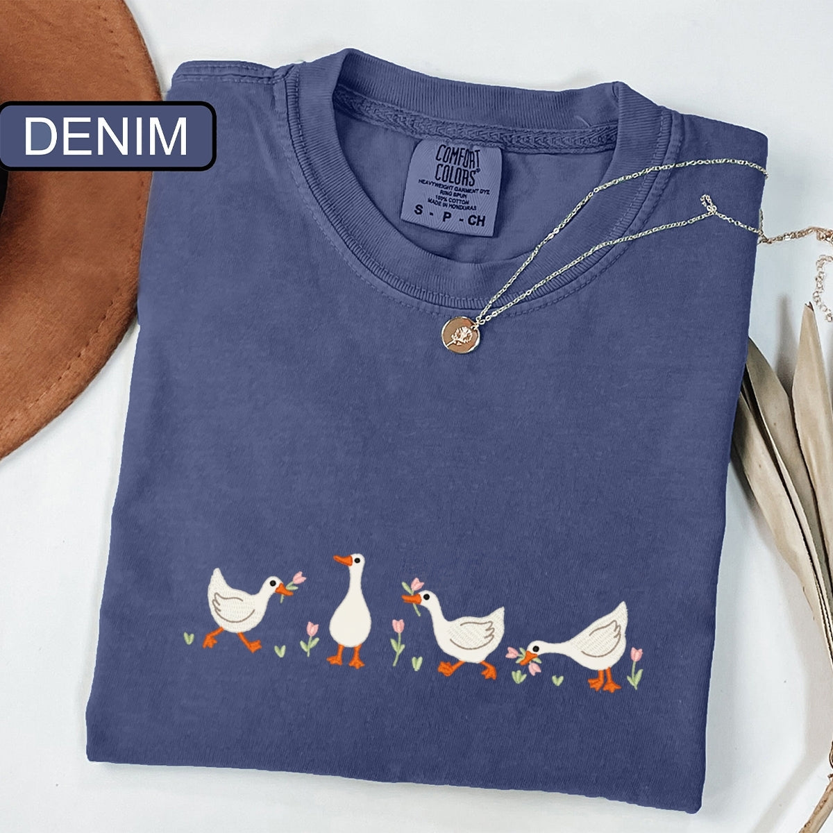 Duck & Flowers Custom Embroidered T-Shirt - Cute Nature Lover Tee, Personalized Gift