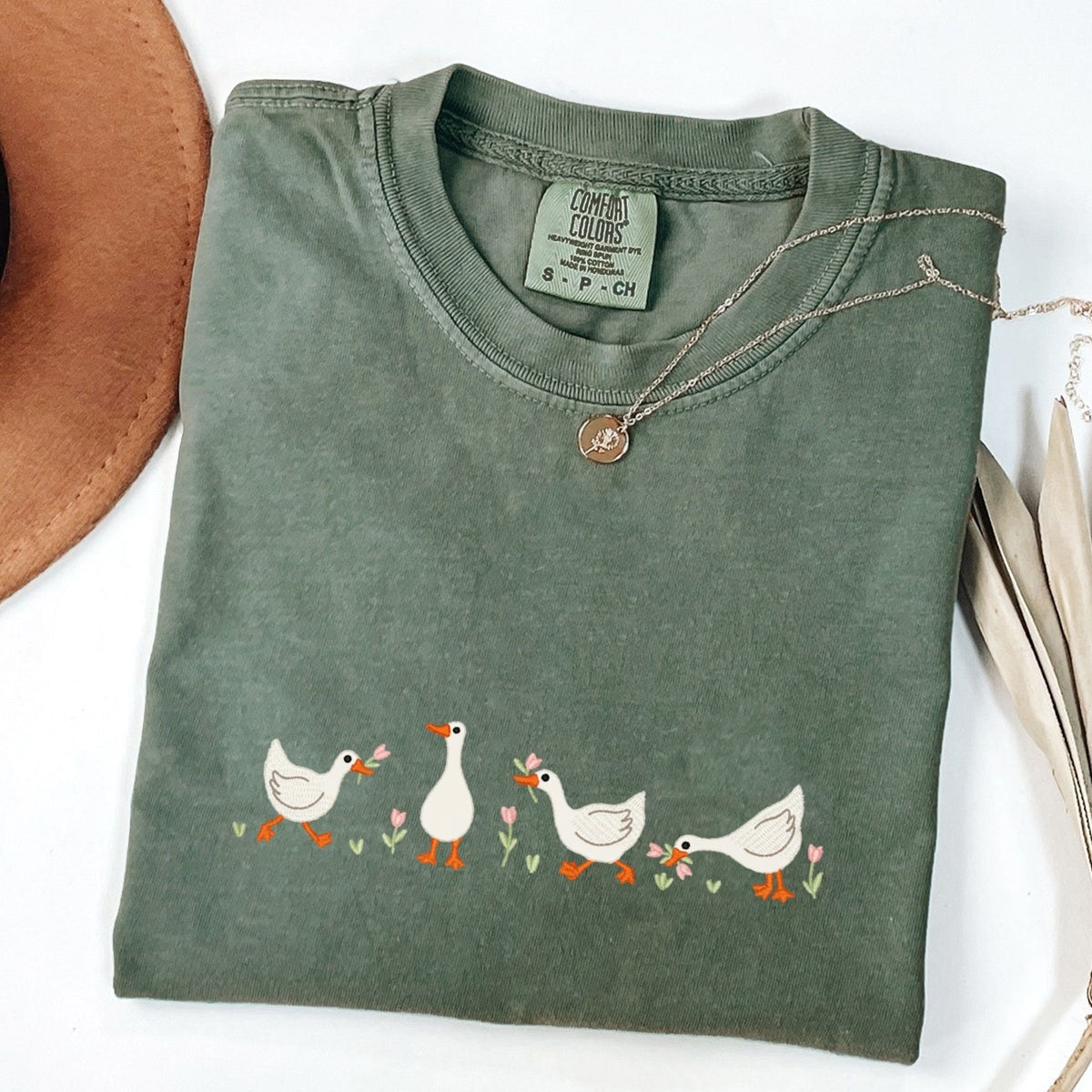 Duck & Flowers Custom Embroidered T-Shirt - Cute Nature Lover Tee, Personalized Gift