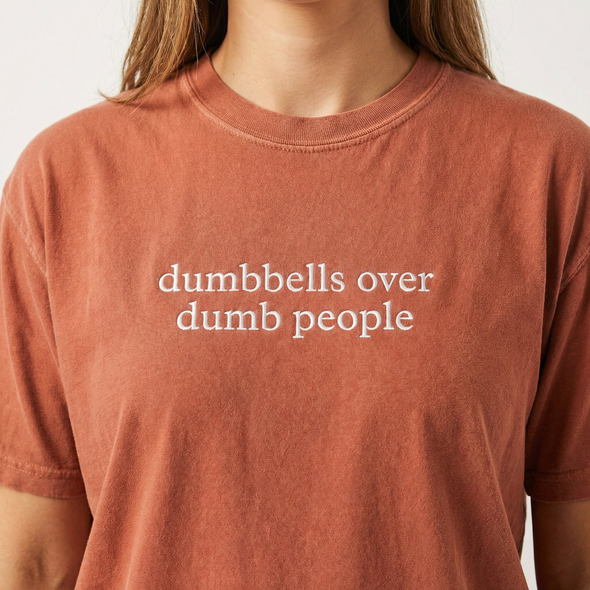 Dumbbells Over Dumb People Custom Embroidered T-Shirt - Funny Gym Shirt, Personalized Gift