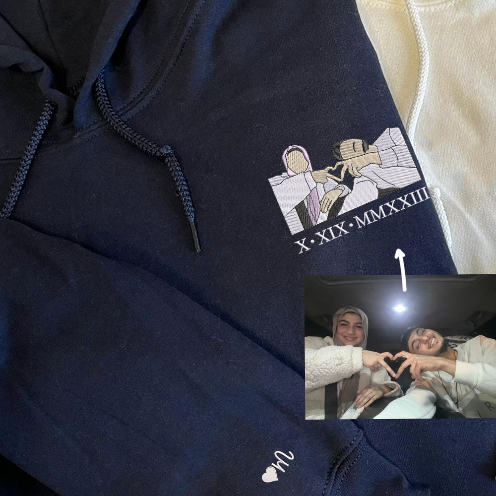 Custom Embroidered Portrait Sweatshirt - Personalized Couple Photo Hoodie, Matching Gift
