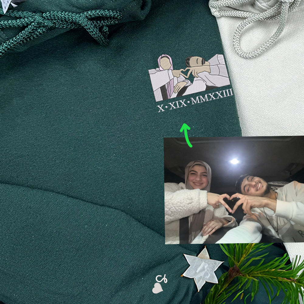 Custom Embroidered Portrait Sweatshirt - Personalized Couple Photo Hoodie, Matching Gift
