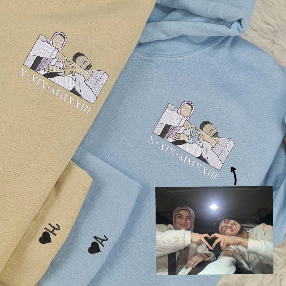 Custom Embroidered Portrait Sweatshirt - Personalized Couple Photo Hoodie, Matching Gift