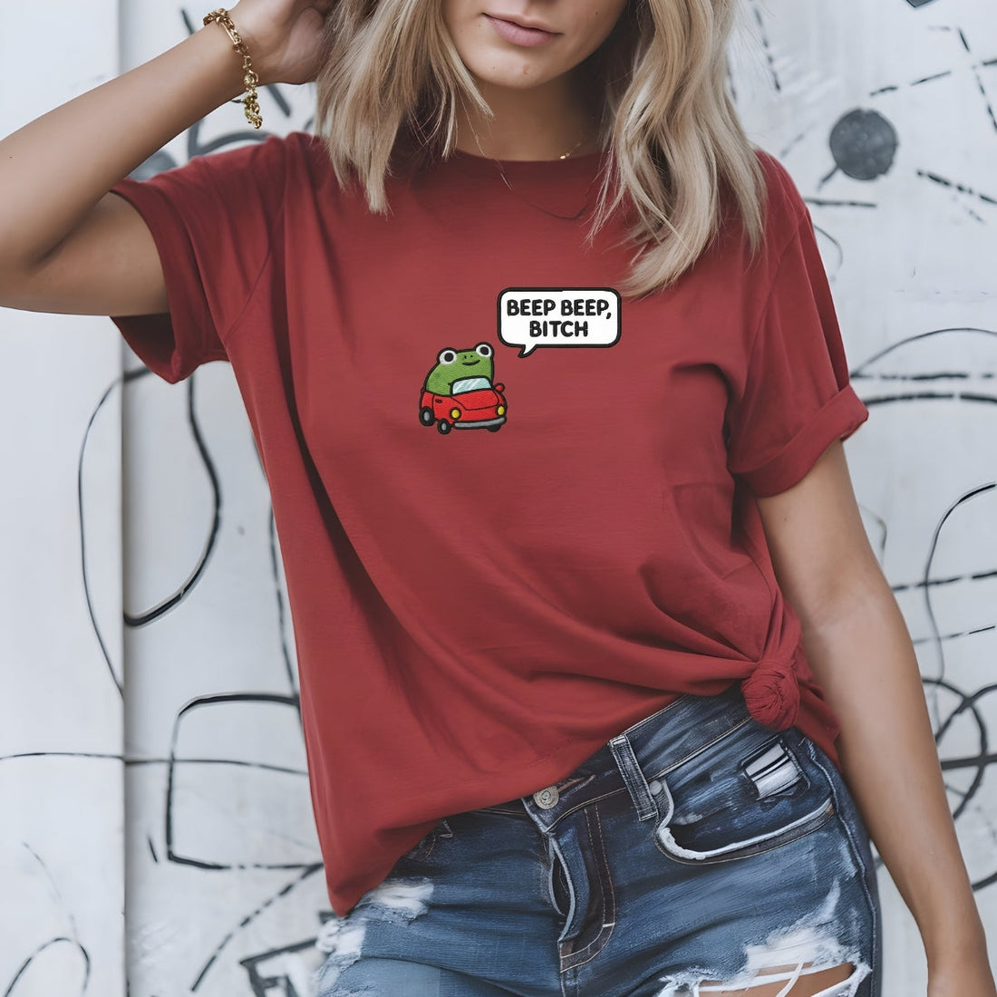 Funny Beep Beep Frog Custom Embroidered T-Shirt - Cute Car Personalized Tee