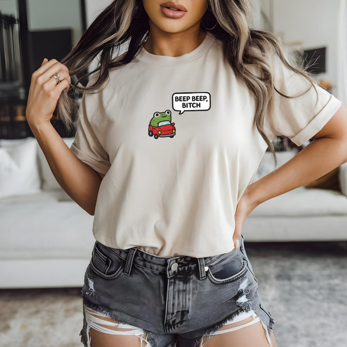 Funny Beep Beep Frog Custom Embroidered T-Shirt - Cute Car Personalized Tee